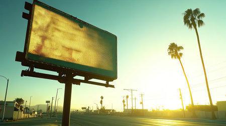 A tranquil sunset scene featuring a solitary billboard framed by palm trees. The urban landscape becomes serene with warm hues of the evening light.の素材