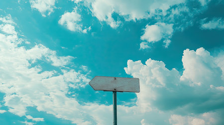 A blank directional signpost stands tall against a vibrant blue sky filled with fluffy white clouds, symbolizing endless possibilities and exploration.の素材
