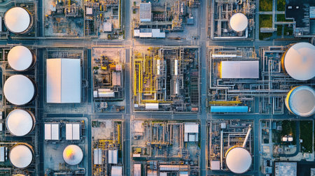 Stunning aerial view of an industrial complex showcasing tanks and pipelines amidst a vibrant sunset. Perfect for themes of manufacturing and technology.の素材