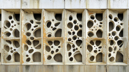 This image showcases a unique architectural wall featuring abstract patterns and textures. The interplay of light and shadow creates an intriguing visual effect.の素材