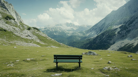 A serene green bench sits alone, inviting visitors to enjoy breathtaking mountain views. The tranquil landscape offers peace and natural beauty, perfect for relaxation.の素材