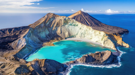 Majestic aerial view showcasing volcanic islands surrounding a vibrant turquoise lagoon, highlighting the natural beauty and tranquility of this stunning coastal landscape.の素材