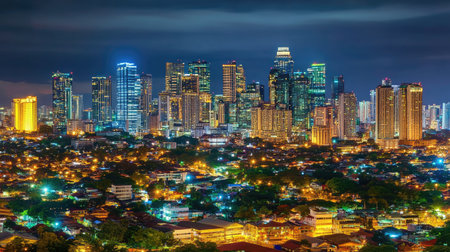 Stunning view of a bustling city skyline at night, showcasing illuminated skyscrapers and a vibrant urban landscape. A perfect blend of beauty and modernity.の素材