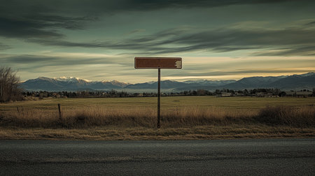 A lonely sign post stands on the roadside, surrounded by an expansive field and majestic mountains under a dramatic evening sky, evoking peace.の素材