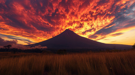 Stunning sunset view featuring a majestic mountain silhouetted against a vibrant sky filled with fiery clouds, creating a dramatic and breathtaking landscape.の素材