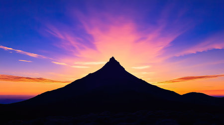 A stunning silhouette of a majestic mountain stands against a vibrant sunset sky filled with dramatic colors and serene clouds, capturing nature's beauty.の素材