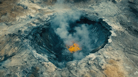 Stunning aerial view of a volcanic crater showcasing vibrant lava and billowing smoke. This powerful image captures the raw energy of nature's forces.の素材