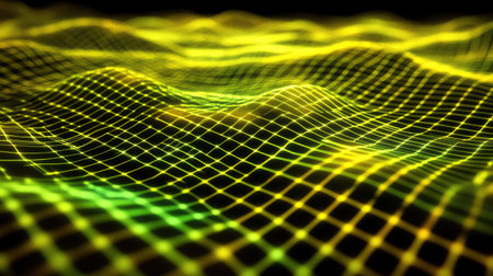 Abstract representation of digital waves featuring vibrant green and yellow colors. The grid pattern creates a sense of depth and movement in a futuristic design.の素材