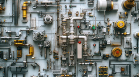 Close-up view of an intricate industrial pipeline system featuring various valves and control equipment, showcasing the complexity and functionality of modern machinery.の素材