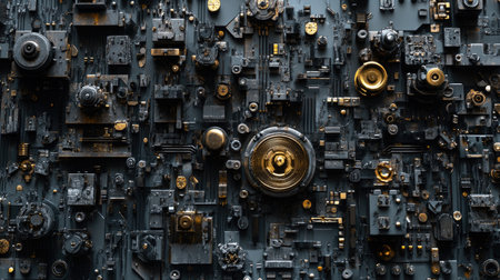 Explore a striking abstract composition featuring intricate metallic circuitry with gold accents on a dark background, showcasing modern design and technological artistry.の素材