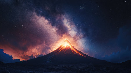 Discover the breathtaking sight of a volcano erupting beneath a starry sky, showcasing the dynamic beauty of nature and the cosmos in perfect harmony.の素材