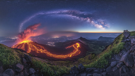 A breathtaking view of a volcanic eruption captured at night with the Milky Way shining above. The glowing lava flows create a stunning contrast against the dark sky.の素材