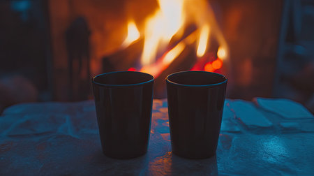 Two dark cups sit side by side on a table, illuminated by the warm glow of a cozy fireplace. This intimate setting evokes feelings of relaxation and comfort, ideal for a quiet evening.の素材