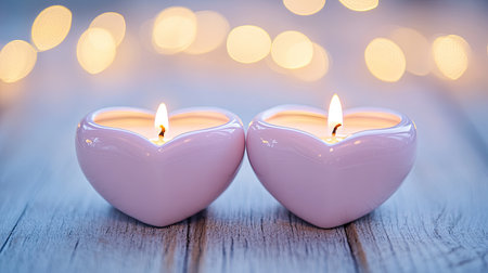 Two heart-shaped candles emit a warm glow, set against a dreamy bokeh background. Perfect for creating a romantic atmosphere in any setting.の素材