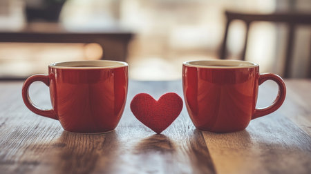 This charming image features two red coffee cups and a heart figurine on a wooden table, symbolizing love and connection. Perfect for romantic themes.の素材