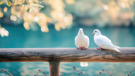A beautiful scene featuring a pair of white doves perched on a wooden railing by serene water. The soft light and blurred background create a peaceful atmosphere, perfect for wildlife appreciation.の素材