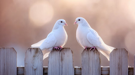 Two elegant white birds perched on a rustic wooden fence, illuminated by soft natural light, create a serene and tranquil scene that embodies peace and companionship.の素材