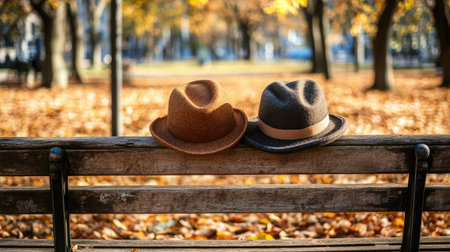 Two stylish hats, one brown and one gray, rest on a wooden bench surrounded by autumn leaves, capturing the serene beauty of the season in a park setting.の素材