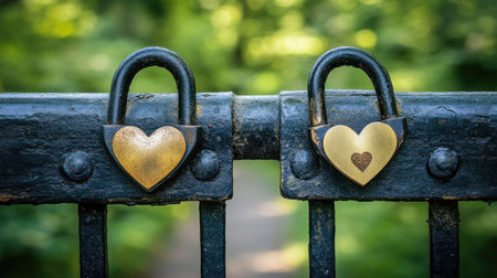 Two heart-shaped padlocks adorn a rustic gate in a serene forest, symbolizing love and commitment. This tranquil scene invites feelings of romance and connection.の素材