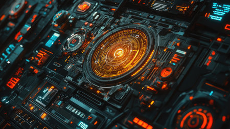 A vibrant and intricate futuristic digital control panel featuring glowing elements and a complex design. Ideal for technology and sci-fi themes.の素材
