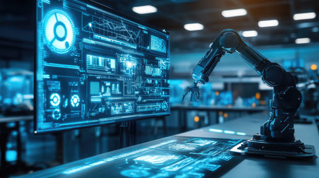A sophisticated robotic arm interacts with a digital screen, showcasing advanced data visualization in a high-tech laboratory setting, symbolizing innovation.の素材