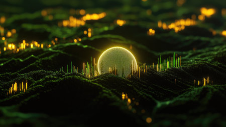 A surreal green landscape features a glowing golden sphere amidst digital waves. This vibrant abstract design evokes feelings of technology and nature, creating a captivating fusion.の素材