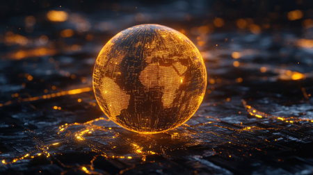 This vibrant image features a glowing orange globe set against a dark background, symbolizing global connectivity and the digital landscape of our interconnected world.の素材