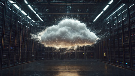 A digital cloud concept emerges amidst a futuristic server room, showcasing the integration of technology with abstract elements, emphasizing data storage and virtual communication.の素材