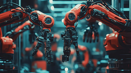 Intricately designed advanced robots with red arms work in a modern manufacturing environment, showcasing the future of automation and precision engineering.の素材