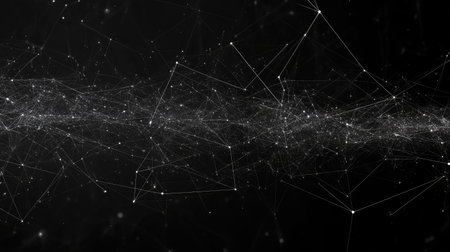 This abstract digital background features connected points and lines set against a black backdrop, evoking a sense of data networks and cosmic connections.の素材