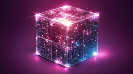 This glowing abstract cube features bright sparkles against a dark background, showcasing a blend of modern aesthetics and digital creativity. The vibrant colors and ethereal quality create a mesmerizing visual experience.の素材