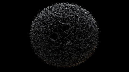 This image showcases an abstract spherical structure composed of intricate connections against a dark background. It represents complex networks and interactions in a modern, digital context.の素材