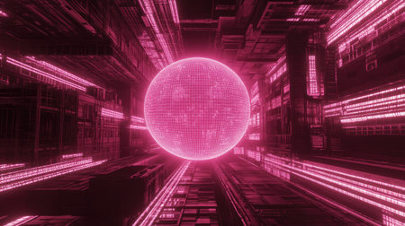 A vibrant digital landscape featuring a glowing pink sphere at its center, surrounded by a complex array of neon lines and grids, evoking a sense of futuristic technology.の素材