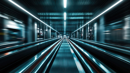A captivating view inside a modern train station, showcasing dynamic lines and blurred motion. The futuristic design highlights motion and energy in urban travel.の素材