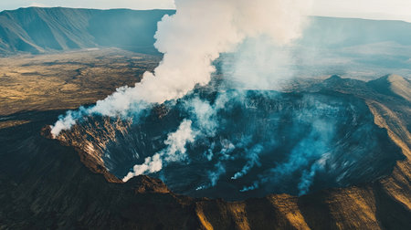 Stunning aerial view of an active volcano showcasing smoke and ash plume rising from the crater. A breathtaking landscape that captures nature's raw power and beauty.の素材