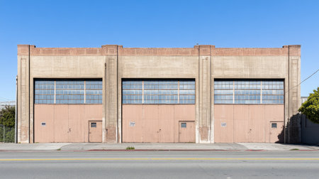 A striking urban industrial building featuring large windows and a neutral facade. This structure showcases minimalistic design, emphasizing symmetry and clean lines. Perfect for urban themes.の素材