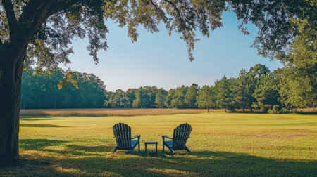 Enjoy a peaceful outdoor scene featuring two inviting chairs under a tree. The lush green lawn stretches into the distance, creating a serene atmosphere.の素材