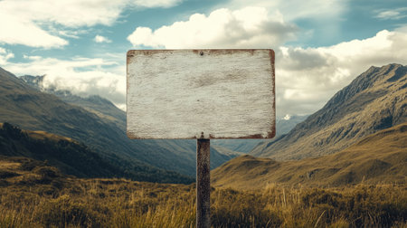 A blank wooden signpost stands against a stunning mountain backdrop under a partly cloudy sky, inviting exploration and adventure in nature.の素材