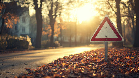 A serene autumn street scene featuring a warning sign surrounded by vibrant fallen leaves, basking in the warm glow of the sunset.の素材