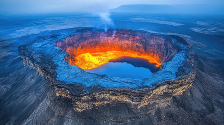 Captivating aerial scene showcasing a vibrant volcano crater filled with glowing lava. Steam rises over the molten landscape, highlighting nature's raw power.の素材