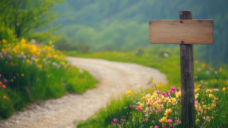 A serene dirt pathway surrounded by vibrant wildflowers invites exploration. A blank signpost offers endless possibilities in this peaceful natural setting.の素材