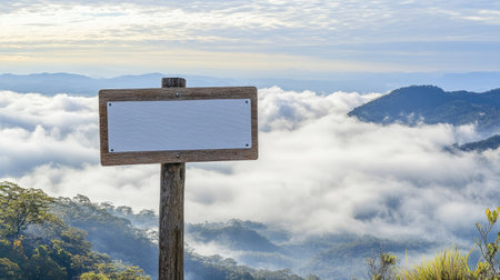 A blank signpost stands tall above a picturesque valley filled with clouds and mountains. Perfect for themes of travel, adventure, and nature.の素材