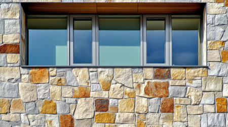 Discover a modern architectural wall featuring a stunning stone texture paired with framed windows, showcasing a blend of contemporary design and natural materials.の素材