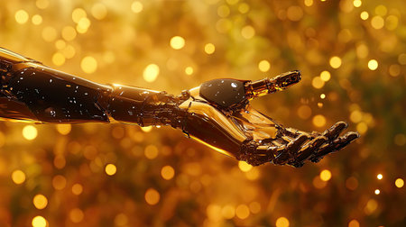 A stunning robotic arm extends gracefully against a luminous golden background, showcasing the harmony between technology and art. Ideal for themes of innovation and advancement.の素材