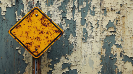 A rusty yellow warning sign stands out against a weathered wall with peeling paint. The image captures industrial decay and environmental neglect, perfect for conveying themes of caution and safety.の素材