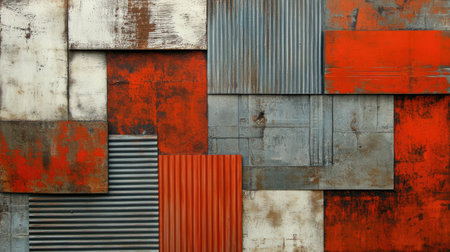 This artwork features a mix of grunge metal textures with red and gray panels, showcasing industrial charm. Perfect for modern design projects and backgrounds.の素材