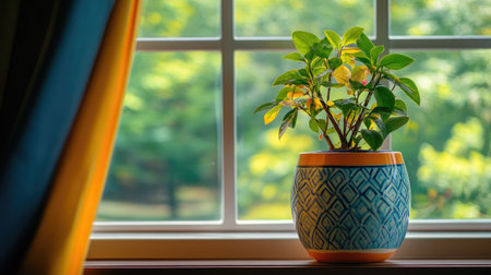 A charming potted plant sits in a decorative pot on a sunlit window sill, creating a serene atmosphere filled with greenery and warmth.の素材