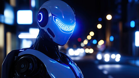 A futuristic robot stands in an urban night scene, showcasing glowing features and sleek design, capturing the essence of technology and artificial intelligence.の素材