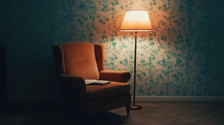 A cozy armchair accompanied by a book and a soft lamp creates an inviting atmosphere in a vintage floral room, perfect for relaxation and reading.の素材