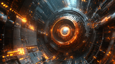 Explore a captivating futuristic abstract design featuring glowing orbs and intricate round patterns. This visually stunning image blends technology and creativity.の素材